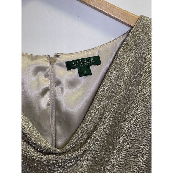 Ralph Lauren Golden Cocktail Shimmer Dress Women's Size 10 Cowl Neck Gathered - Picture 2 of 9